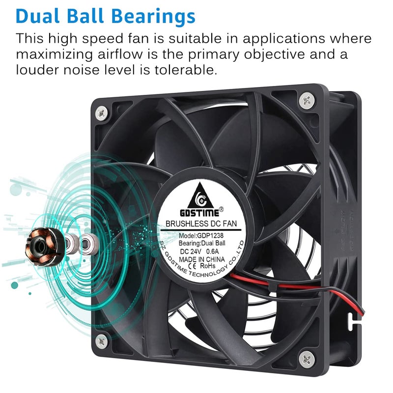 GDSTIME High Airflow 24V 120mm x 120mm x 38mm Dual Ball Bearing 5 Inch Brushless Cooling Fan - Image 5
